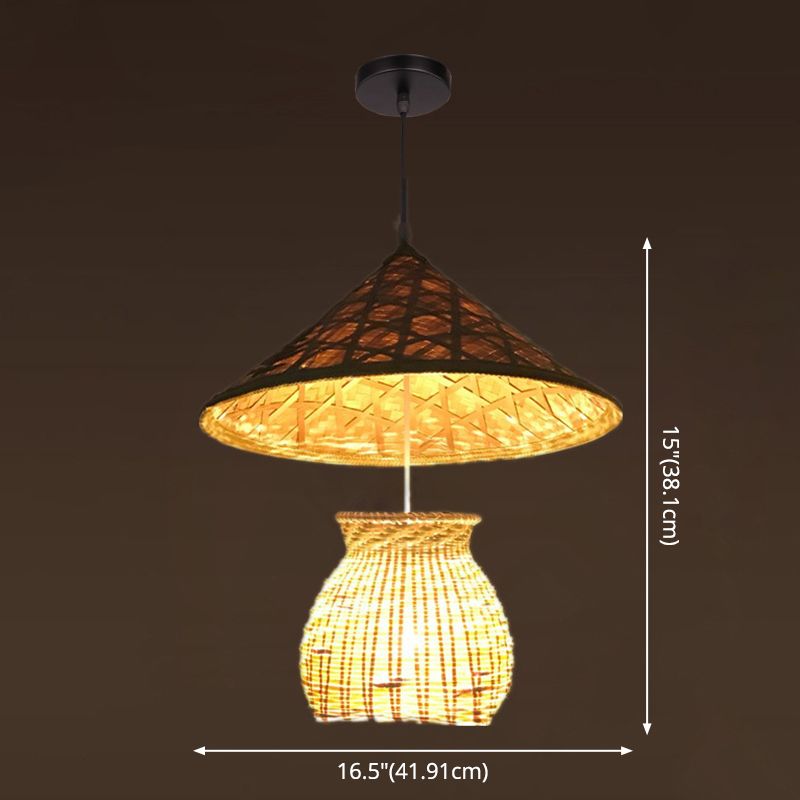 Asian Inspired Farmers Hat Pendant Bamboo Woven 1 Head Diner Ceiling Lamp in Wood