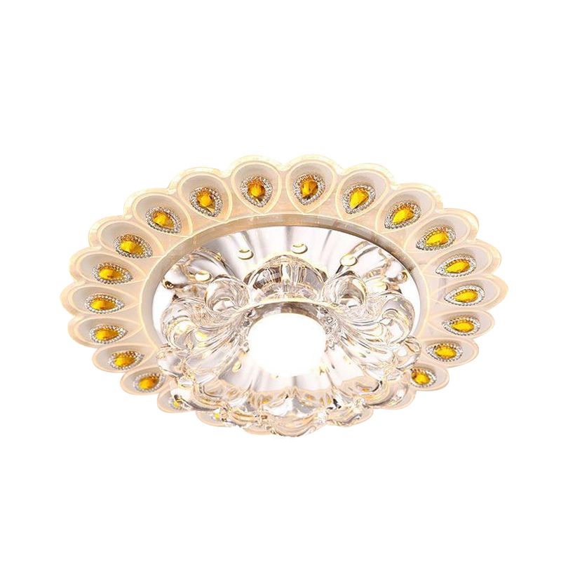 LED Close to Ceiling Lighting Romantic Modern Floral Small Clear Crystal Flush Mount with Peacock Feather Element