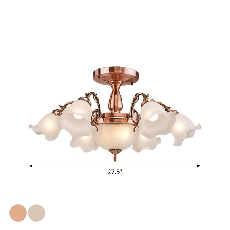 Bronze/Copper 8 Bulbs Semi Flush Light Rustic Opal Frosted Glass Ruffled Ceiling Mount Chandelier