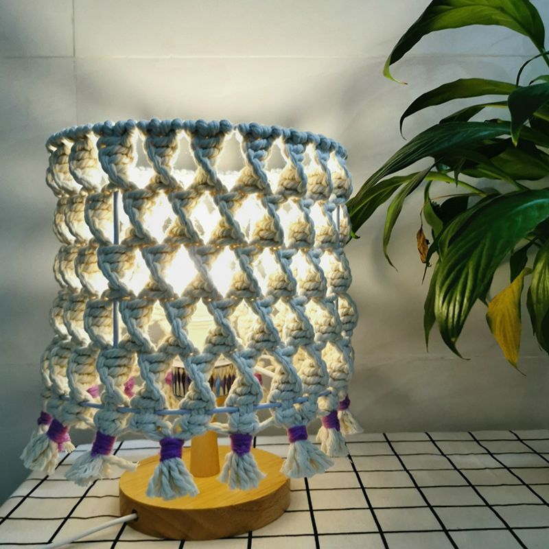 Luce notturna in corda intrecciata a 1 bulbina tradizionale tradizionale cilindro giallo camera da letto in legno