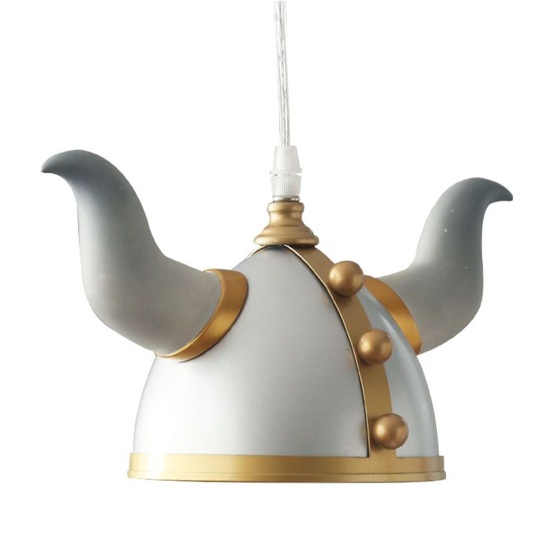 Ox Horn Helmet Hanging Light Fixture Nordic Metal Single Bulb Gray Pendant Lamp for Bedroom