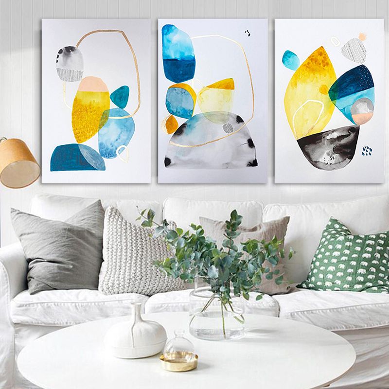 Blue-Yellow Stones Canvas Art Textured Contemporary Family Room Wall Decor, Multiple Size Options
