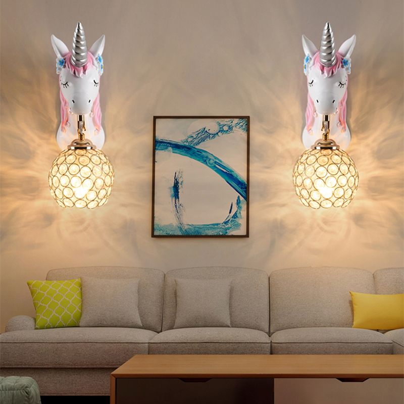 Cartoon Unicorn Wall Mount Light Resin Bedside Wall Lighting with Hollowed out Globe Shade