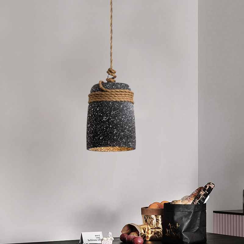 Cement Bell Pendant Lighting Antiqued 1 Bulb Restaurant Ceiling Lamp in Black/Grey/White with Rope Rod