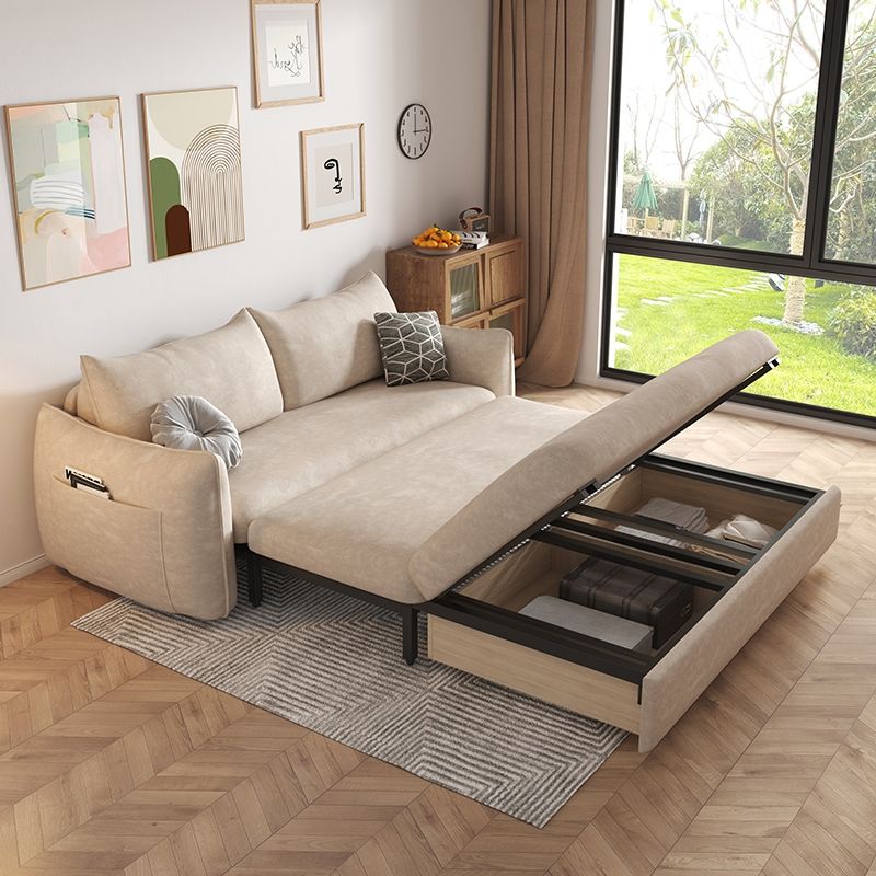 Convertible Faux Leather Sofa Bed Contemporary Square Arm Sofa Bed in Beige