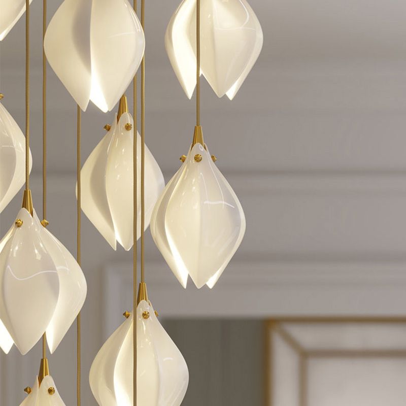 White Petaloid LED Hanging Light in Modern Creative Style Wrought Iron Cluster Pendant Light with Ceramic Shade