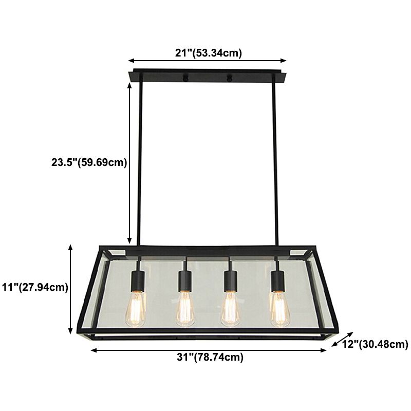 Industrial Glass Island Light Black 4 Lights Island Pendant for Restaurant