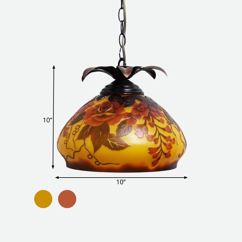 1 Light Pendulum Light Tiffany Tapered White/Yellow/Orange Glass Ceiling Pendant with Grape/Blossom Pattern
