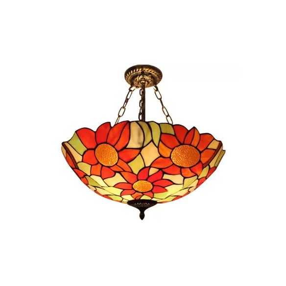 Bedroom Ceiling Light Tiffany, Sunflower Semi Flush Light with Rod and Stained Glass Shade