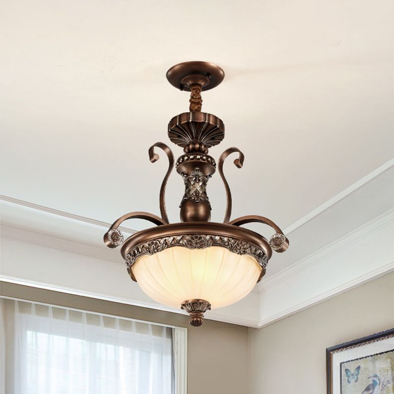 White Ribbed Glass Bowl Shade Pendant Traditional 3 Lights Dining Room Down Lighting in Bronze
