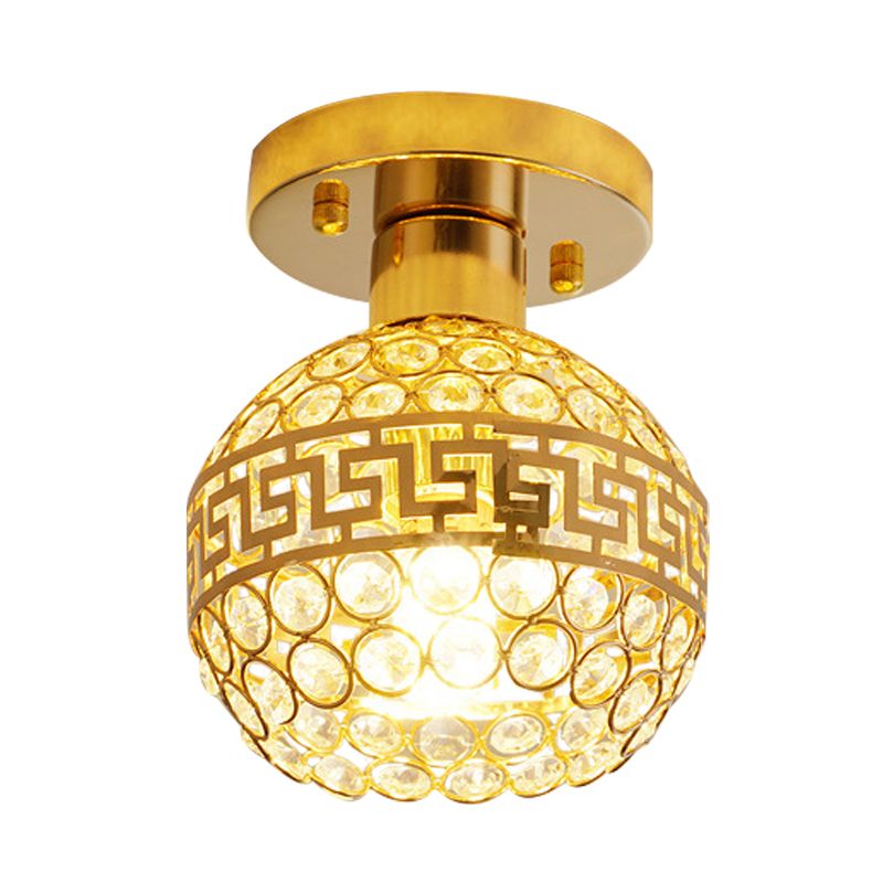 Inlaid Crystal Gold Semi Mount Lighting Oriental Trim Detailing Dome 1 Head Vintage Ceiling Lamp