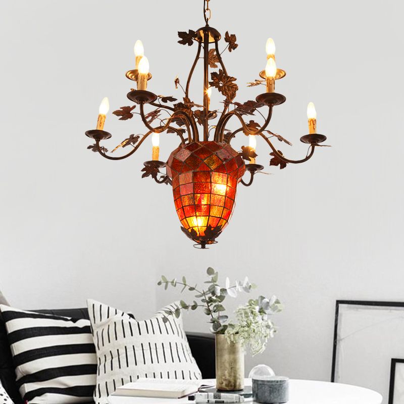 12 Lights Candle Chandelier Rustic Brown Metal Pendant Light Fixture for Living Room with Pinecone