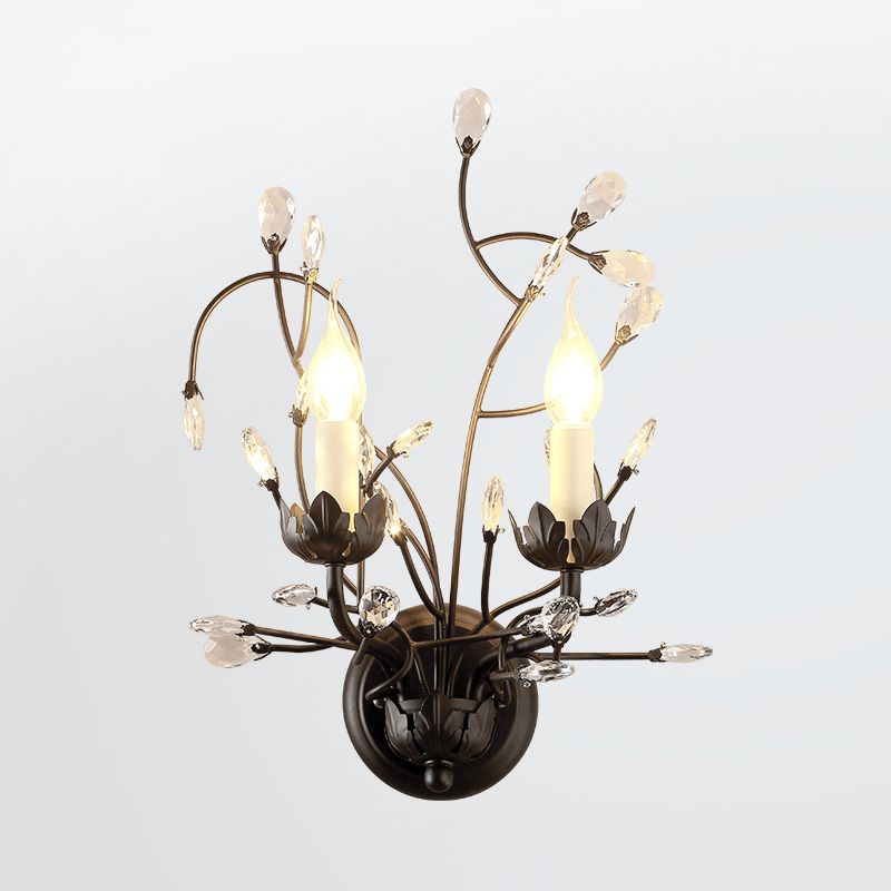 Idee di illuminazione da parete di candele classiche 2 teste lampada montata a parete metallica in nero con accento di cristallo