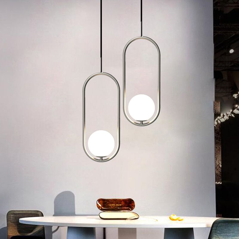 Chrome langwerpige suspensie hanger minimalisme 1-licht ijzerhanglicht met orb witte glazen schaduw