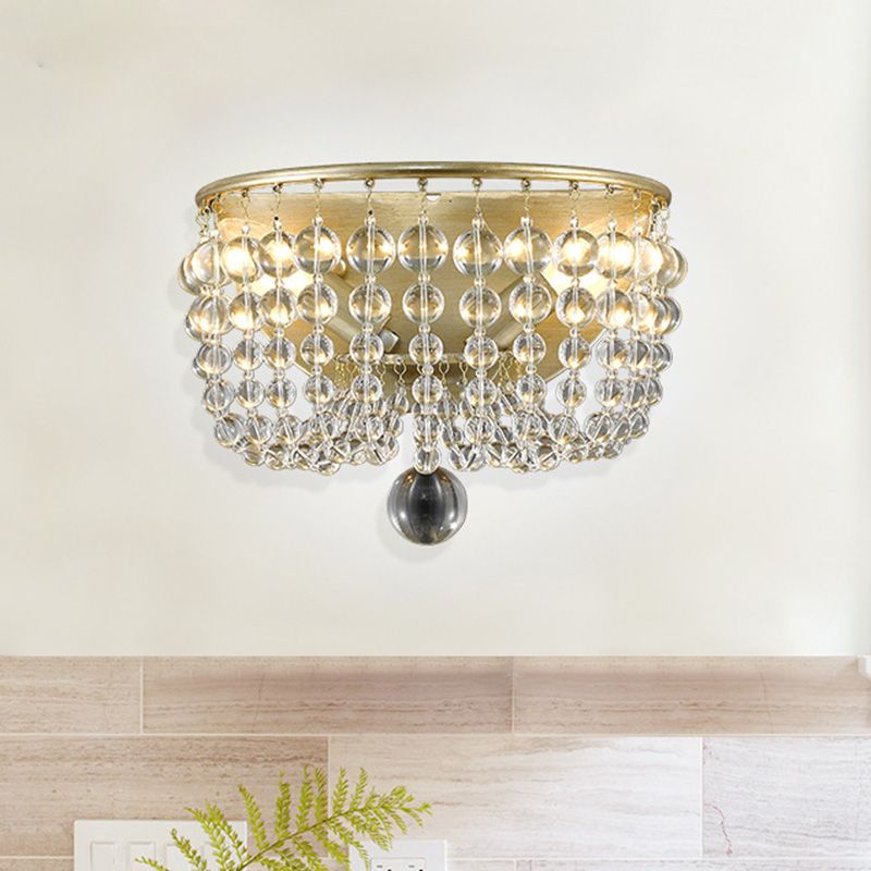 2 Lights Crystal Wall Sconce Traditionalist Gold Bead Living Room Wall Mounted Light