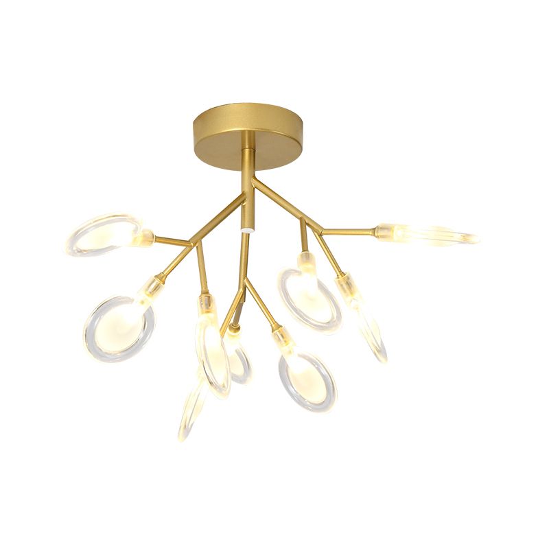 Zeitgenössische 9 -köpfe Deckenlampe Blattgoldgattgold Halbflush -Halbmontage mit Acrylschatten für Veranda