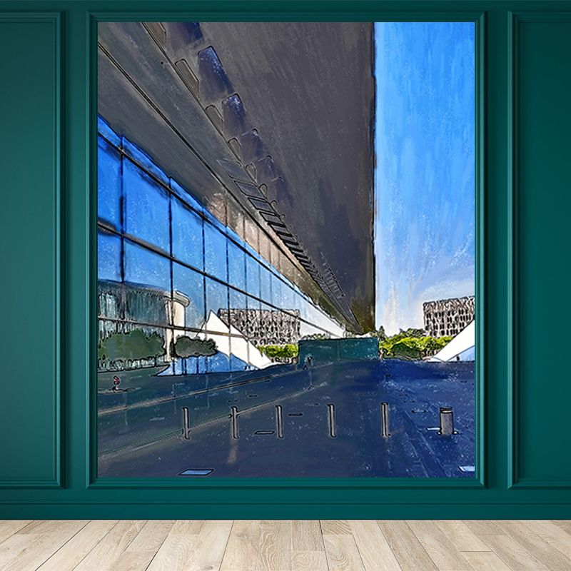 City Building Illustration Wall Mural Moisture Resistant Contemporary Bedroom Wall Covering