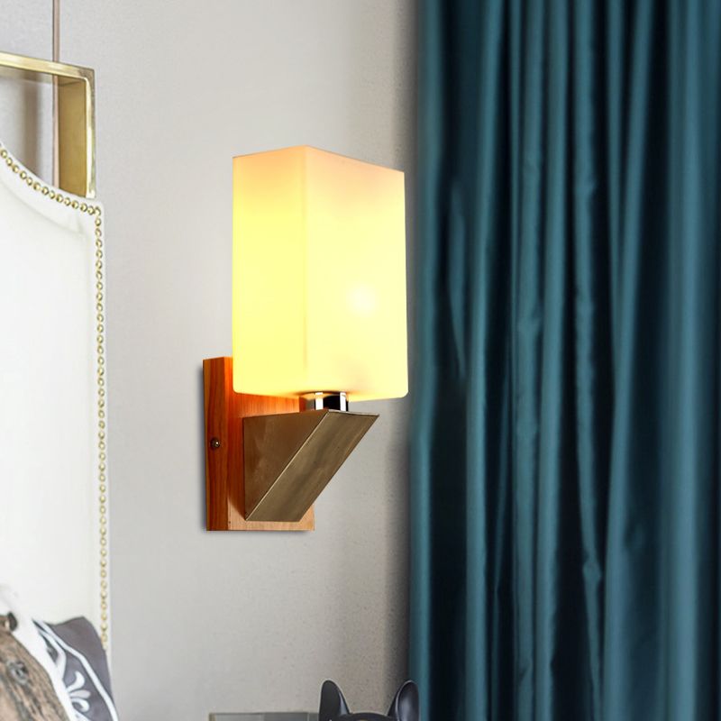 Cuboid Sconce Lighting Modernist White Frosted Glass 1 Head Wood Wall Lamp with Triangle Metal Base