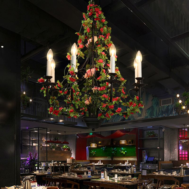 Candlestick Metal Chandelier Light Industrial 8 Heads Restaurant LED Down Lighting in Black with Flower Decor