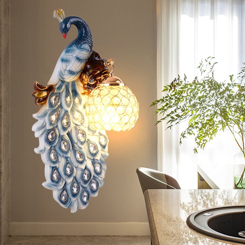 Blue Peacock Sconce Light Fixture Country Resin Single Dining Room Wall Lamp with Crystal Shade