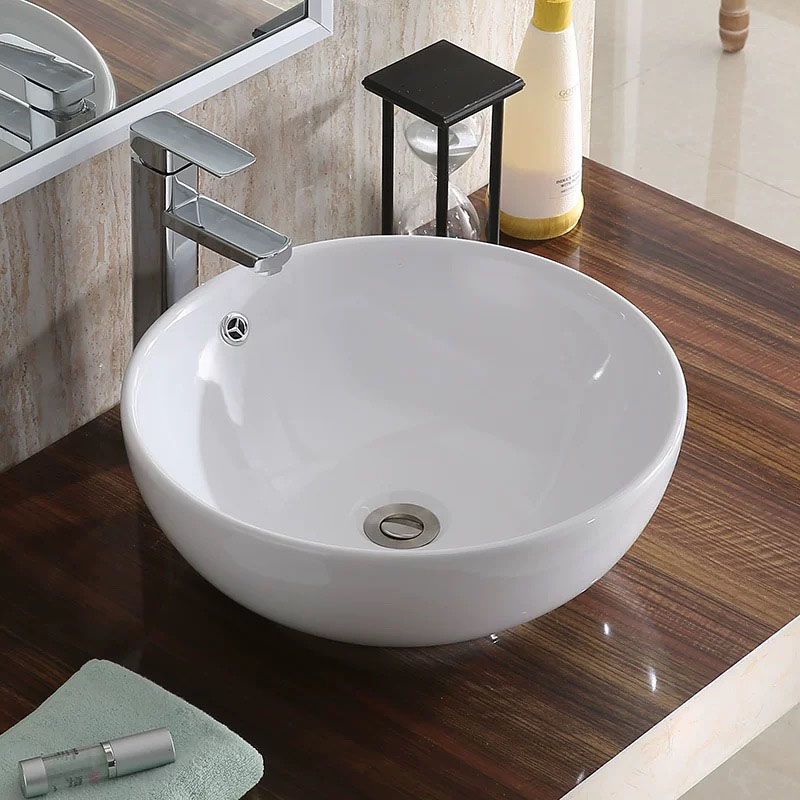 Modern Bathroom Sink with Pop-Up Drain Porcelain Round Vessel Lavatory Sink