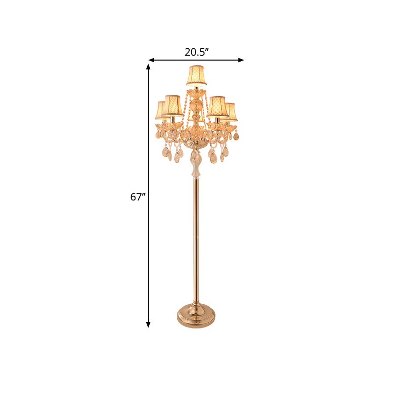 Lámpara de lectura de la sala de velas Cristal transparente tradicional 5/6 bulbos dorado luz de pie con sombra blanca