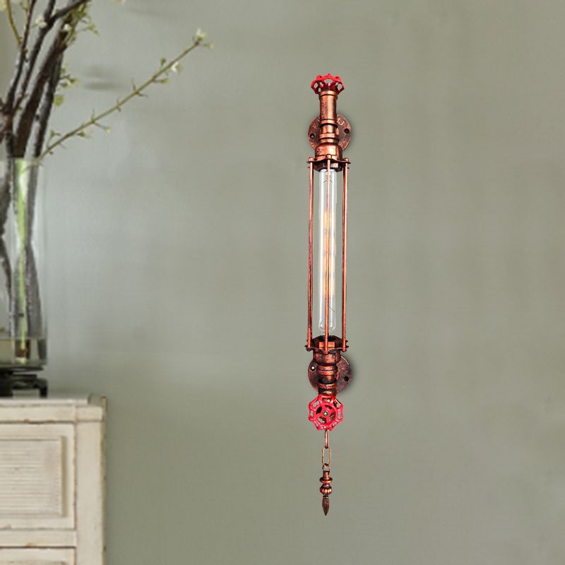 1-Head Tubular Sconce Rustic Black/Copper Metallic Wall Light Fixture with 2-Valve Deco and Chain