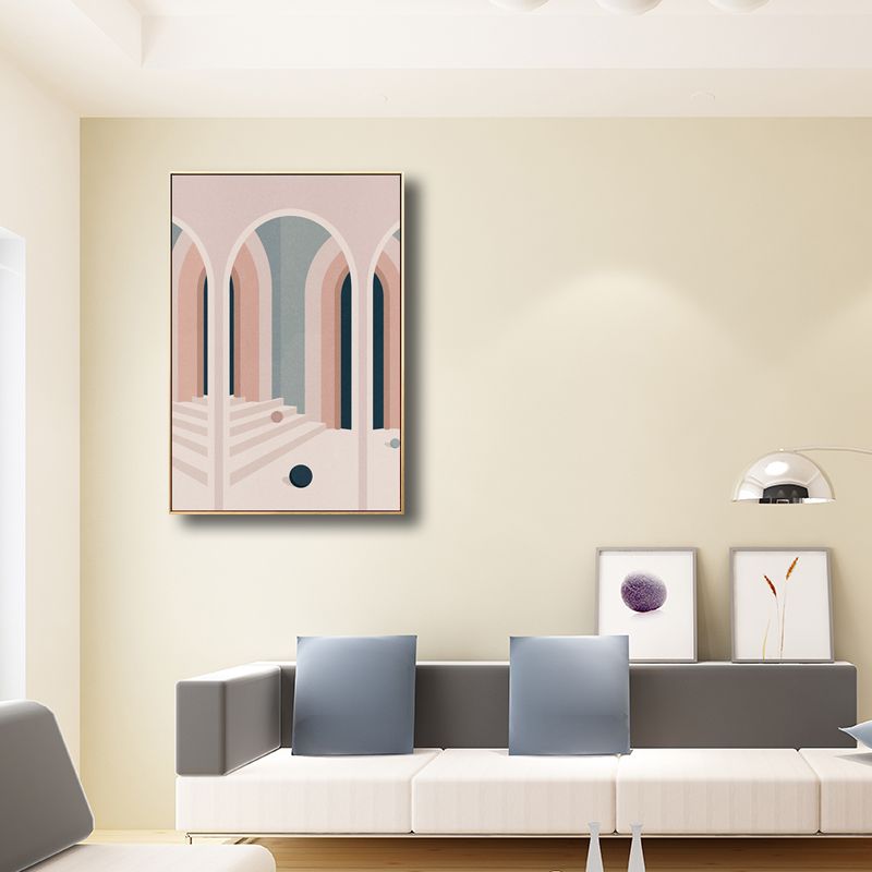 Art de porte cintrée de style scandinave dans une décoration murale texturée de couleur douce pour salle de bain