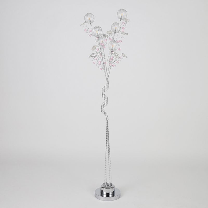 Tree Shape Aluminum Standing Lighting Decorative Living Room LED Floor Reading Lamp with Orb Detail in Pink/Silver, Warm/White Light