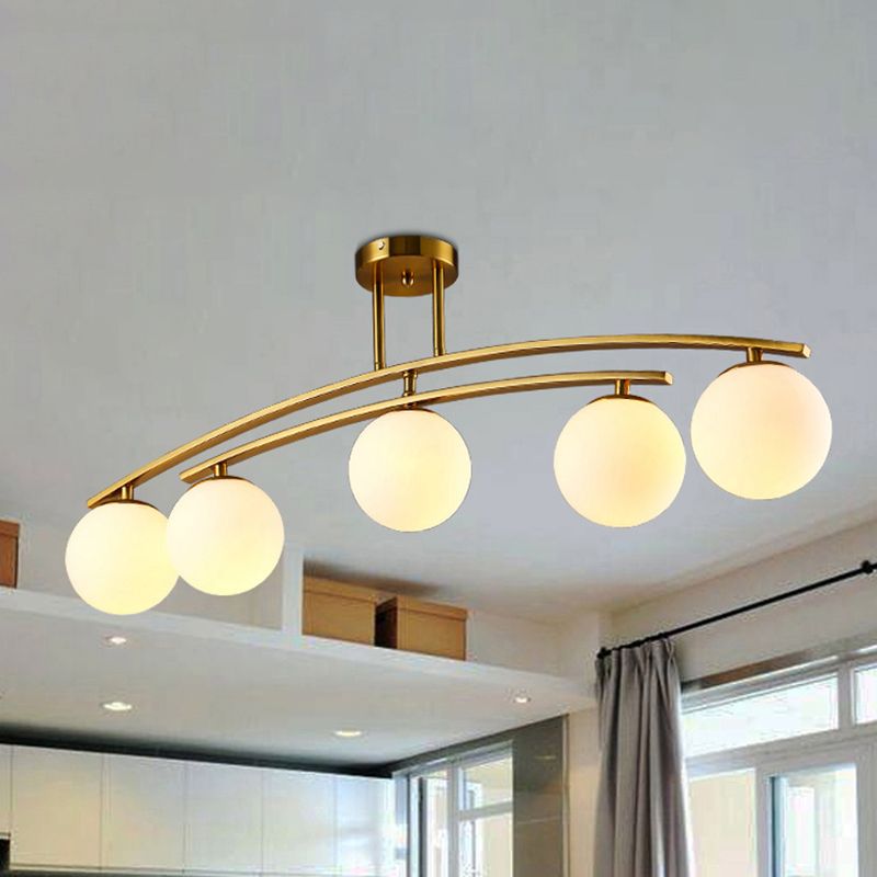 Modern Sphere Shade Semi Ceiling Mount Light Opal Glass Gold Ceiling Lamp for Study Room