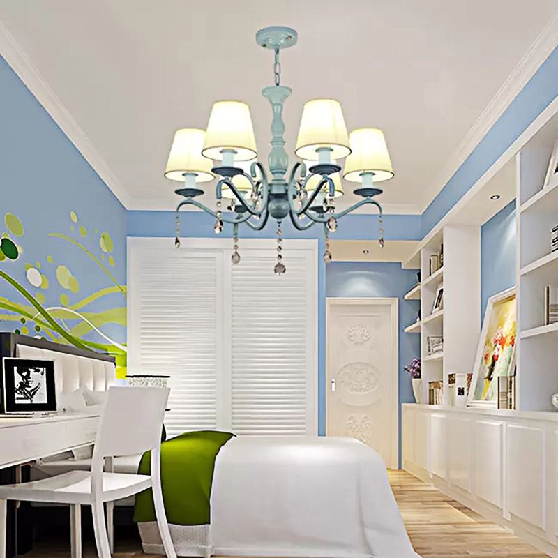 6-Light Tapered Shade Chandelier with Crystal Bead Kids Metal Hanging Light in Blue for Foyer