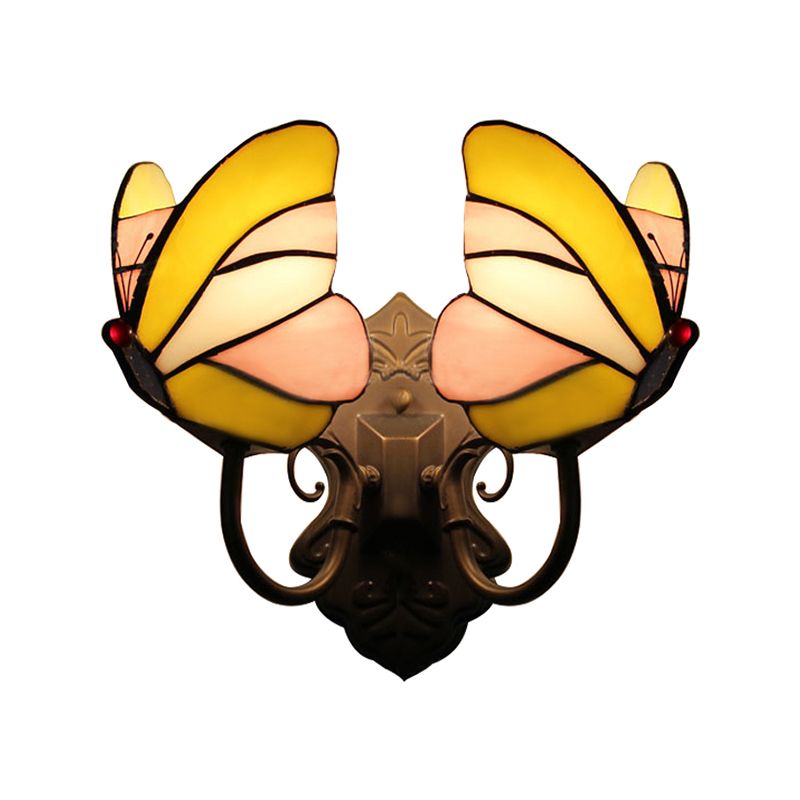 Butterfly Wall Mount Fixture Country Stained Glass 2 Lights Wall Sconce Lamp Fixture for Living Room