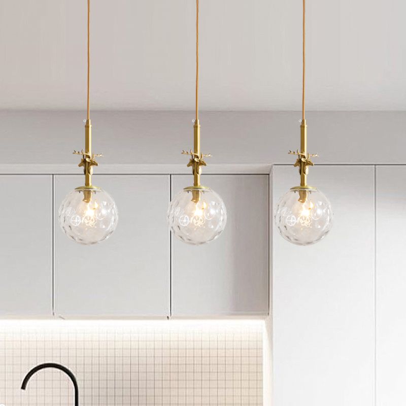 3 Lights Ball Multi Light Pendant Traditional Brass Finish Clear Dimpled Glass Ceiling Lamp with Antler Deco