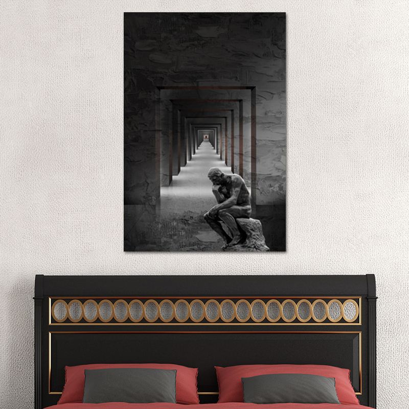 Grey Contemporary Canvas Wall Art Square Hallway and the Thinker Statue Wall Decor for Room
