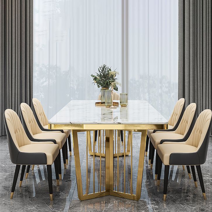 Minimalist Style Sintered Stone Dining Table with Fixed Table and Double Pedestal Base
