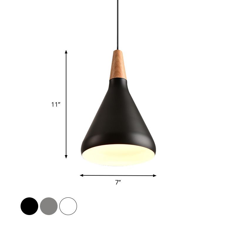 7"/11"/15" W Cone Dining Table Pendant Lighting Simple Style Metallic 1 Head Hanging Lamp with Adjustable Cord in Black/Grey/White