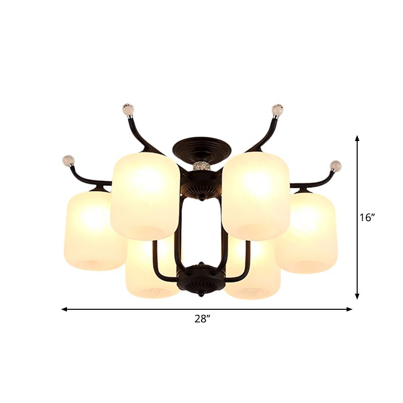 Cream Glass Cylindrical Shade Chandelier Retro Style 6/8 Heads Living Room Suspension Pendant Light in Black