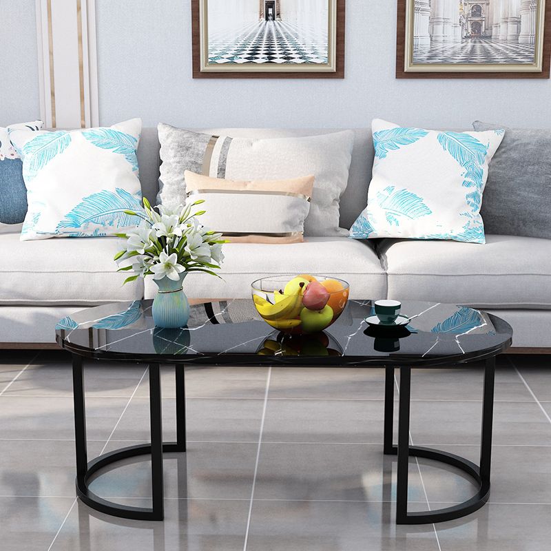 17.7"H Modern Metal Sled Base Wood Oval Coffee Table For Living Room