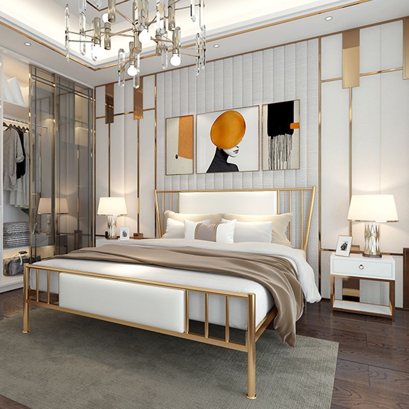 White Upholstered Bed with Headboard Low Profile Bed with Metal Legs