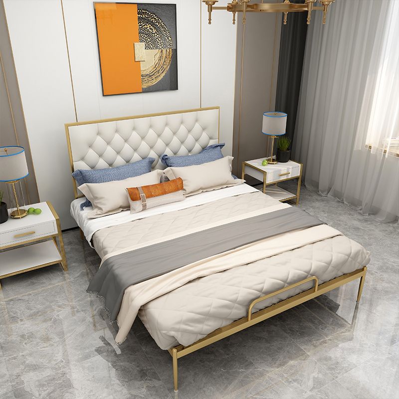 Glam Metal Panel Bed with Rectangular Upholstered Headboard, 43.3" Tall