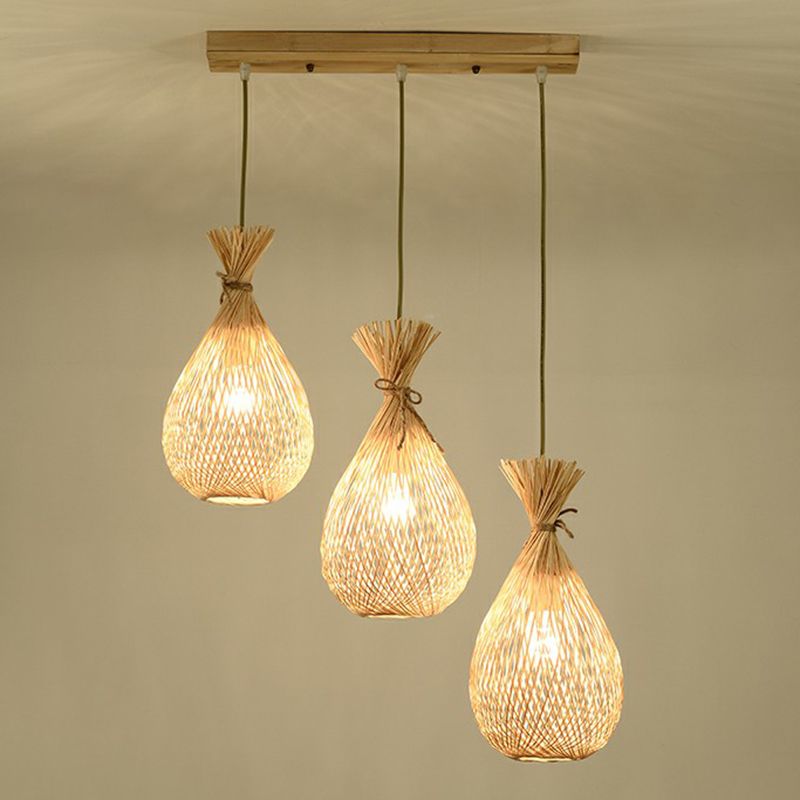 Wood Teardrop Shaped Hanging Light Fixture Cottage 3 Heads Bamboo Cluster Pendant Light