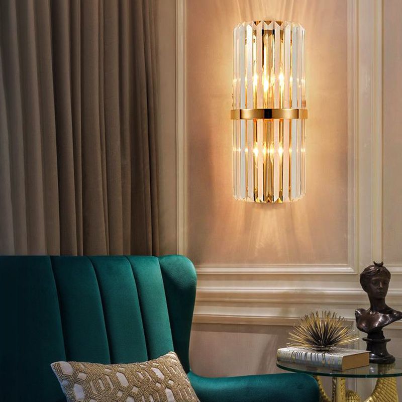 Clear Faceted Crystal Wall Lamp Vintage Stylish 2 Lights Brass/Gold Sconce Lighting with Cylinder Shape for Living Room