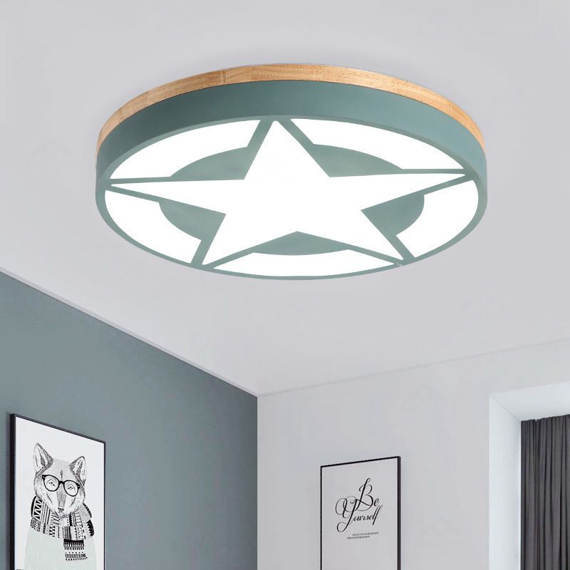 Wood LED Ceiling Light, Star Flush Mount Light with Acrylic Shade for Boys Bedroom Modern Style