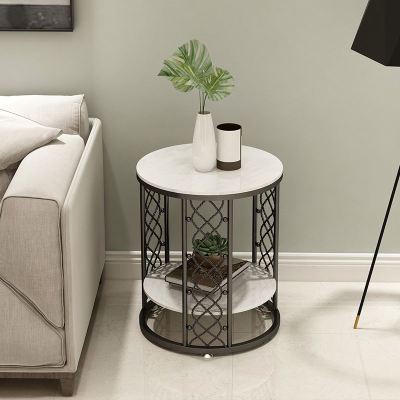 21.6" Tall Modern Round Slate Top Side Table Iron Frame End Table with Shelf