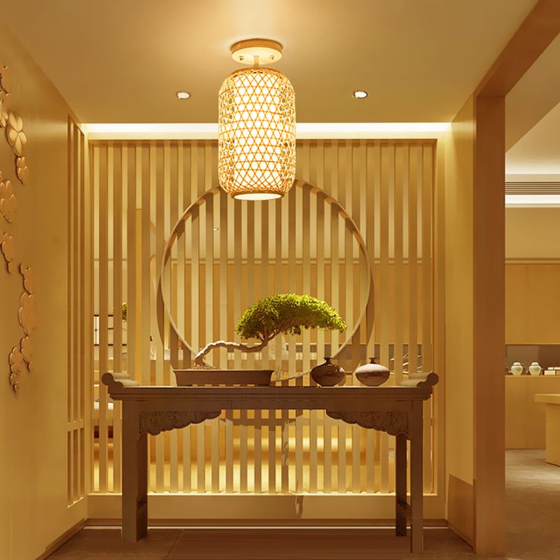 1 Bulb Cylinder/Basket/Cup/Dome Semi Flush Light Modernist Bamboo Ceiling Mounted Fixture in Wood for Living Room