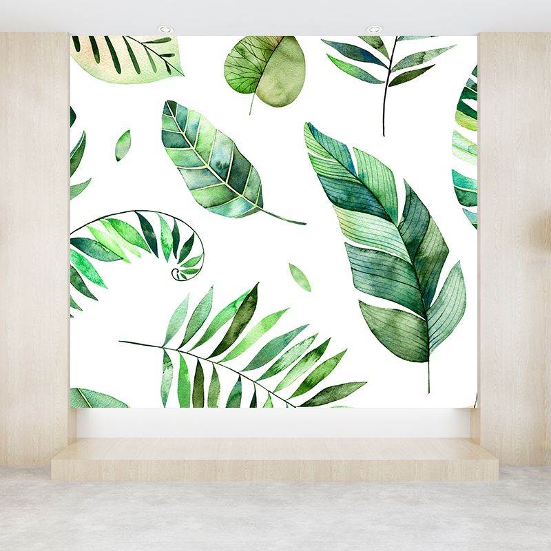 Green Diverse Leaves Wall Mural Moisture Resistant Tropical Living Room Wall Covering
