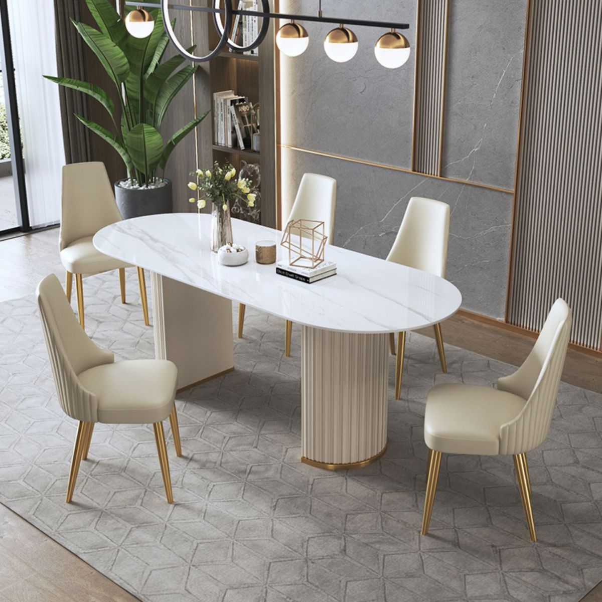 Traditionele luxe ovale eettafel gesinterde stenen tafel met witte dubbele voetstuk