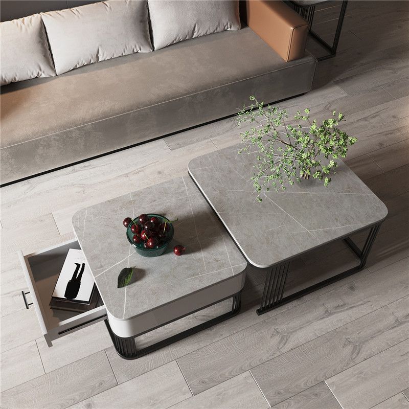 Square Nesting Coffee Table Set Slate Frame Coffee Cocktail Table with Drawer