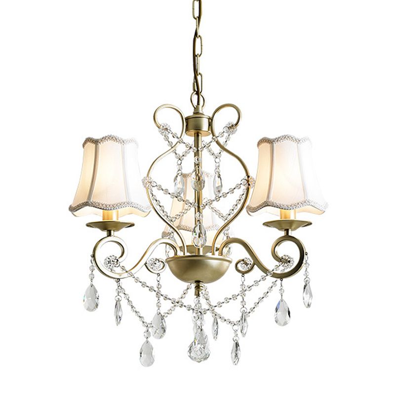 3 Heads Pendant Chandelier with Empire Shade Crystal Raindrop Retro Dining Room Suspended Lighting Fixture in Gold