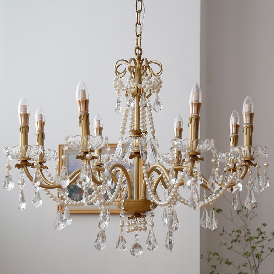 Candle Chandelier Light Fixtures American Style Multi-Head Hanging Pendant Lamps with Crystal Bead